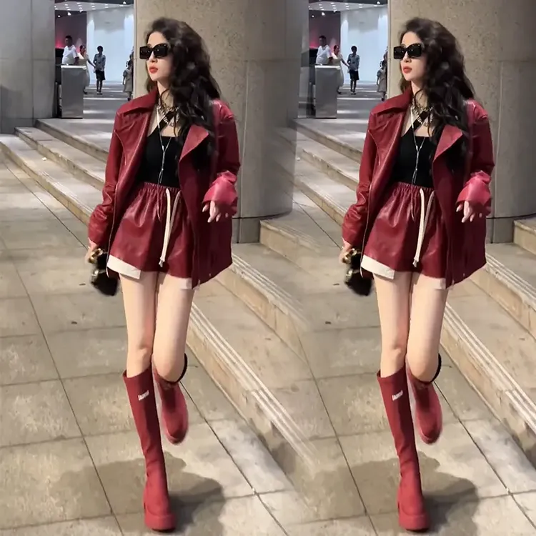 时尚洋气网红炸街气质套装女2024秋季新款时髦皮衣外套短裤两件套