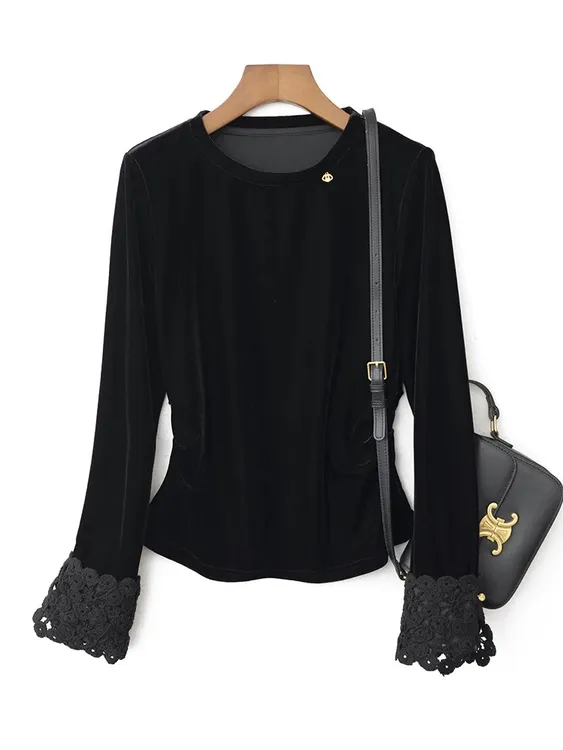 韩系蕾丝袖口丝绒长袖T恤女秋季2024新款修身洋气褶皱打底衫上衣