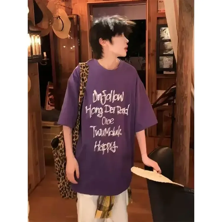 WS重磅多巴胺彩色短袖男夏季乌梅紫色t恤潮牌欧美情侣百搭七分袖