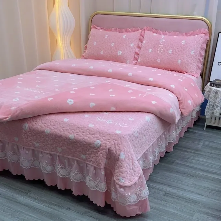 加厚床盖款牛奶绒四件套被套套件床裙防滑双面绒三件套夹棉保暖