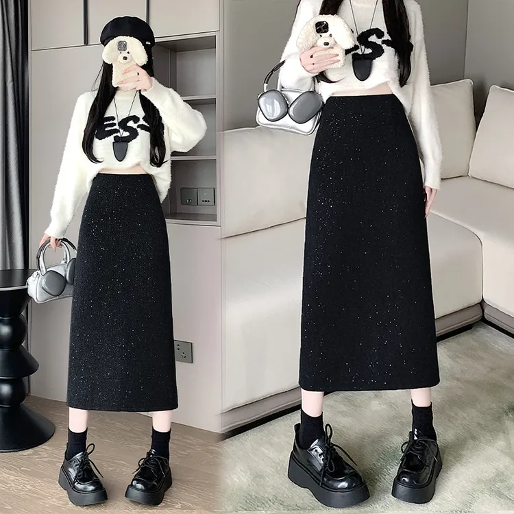 小香风气质开叉直筒半身裙女秋冬新款高腰显瘦高级感毛呢包臀裙