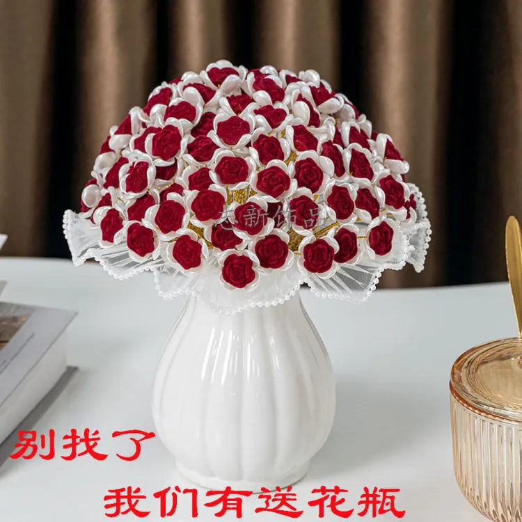 玫瑰花花束66朵植绒玫瑰花材料包 diy手工编织串珠珍珠纱玫瑰花