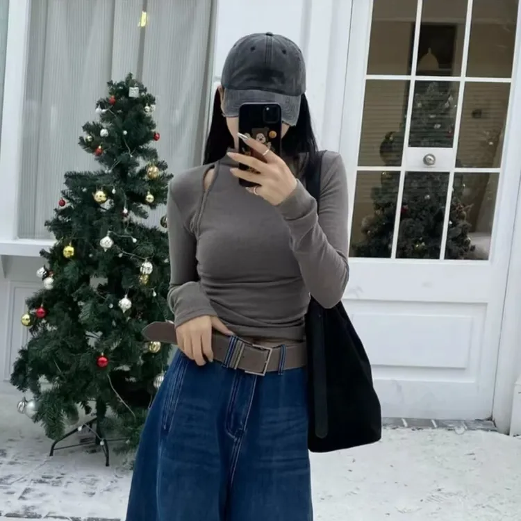 艺等纯欲风时尚气质小众半高领镂空打底衫修身显瘦百搭长袖女上衣