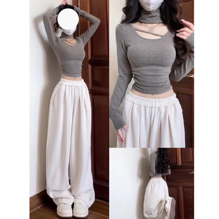 艺等2025年纯欲风辣妹高领镂空长袖T恤秋冬季加绒内搭打底女上衣