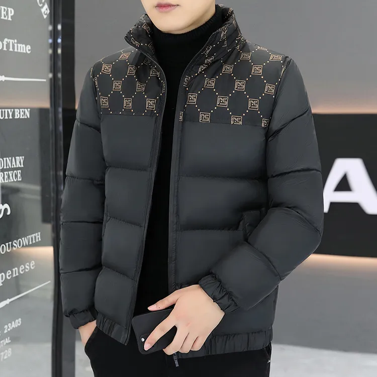 立领拼接欧版潮牌加厚棉服修身大码棉袄冬季棉服男字母男装棉服