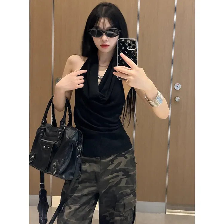 辣妹性感荡领挂脖吊带背心女夏季修身设计感黑色无袖露背上衣外穿