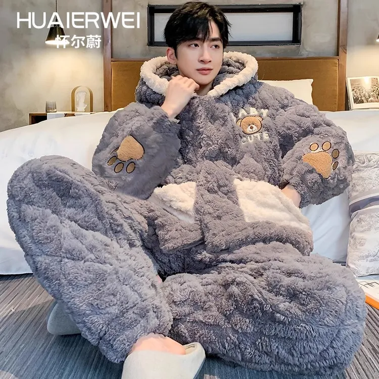 男士睡衣冬季三层夹棉连帽珊瑚绒25新款加绒加厚秋冬天保暖家居服