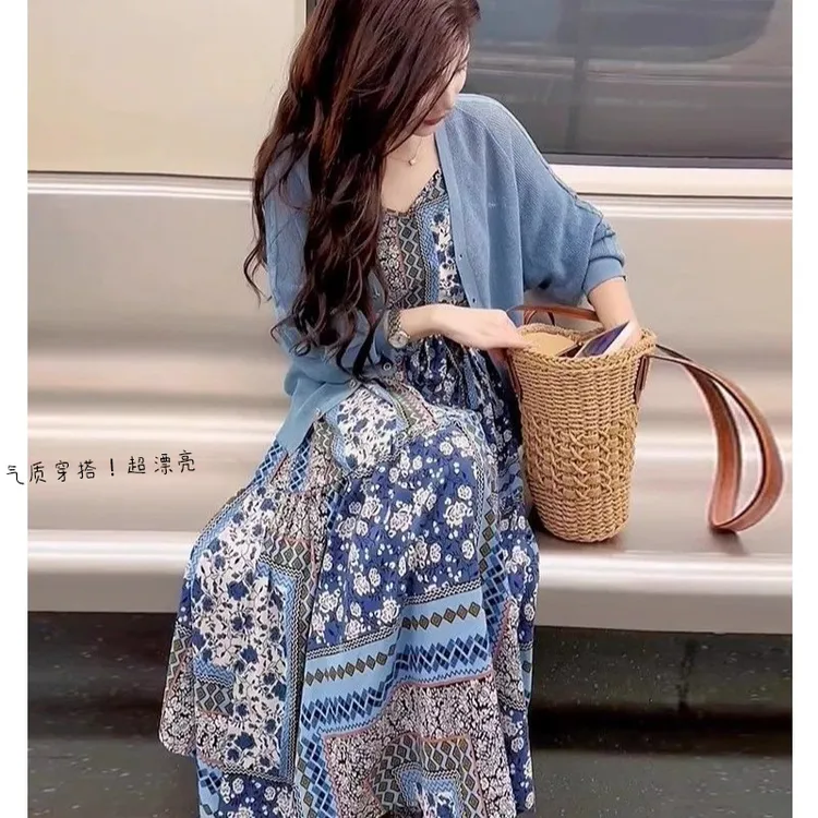 秋装套装今年流行漂亮高级时尚蓝色针织开衫搭配茶歇法式连衣裙子