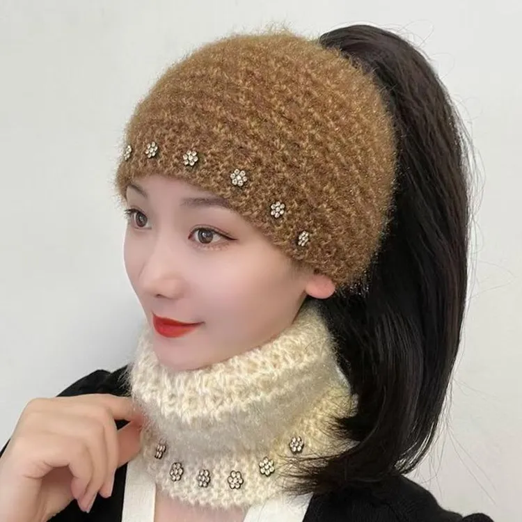 秋冬加厚女士两用手工编织松鼠绒围脖发带护耳保暖遮白发宽边发带