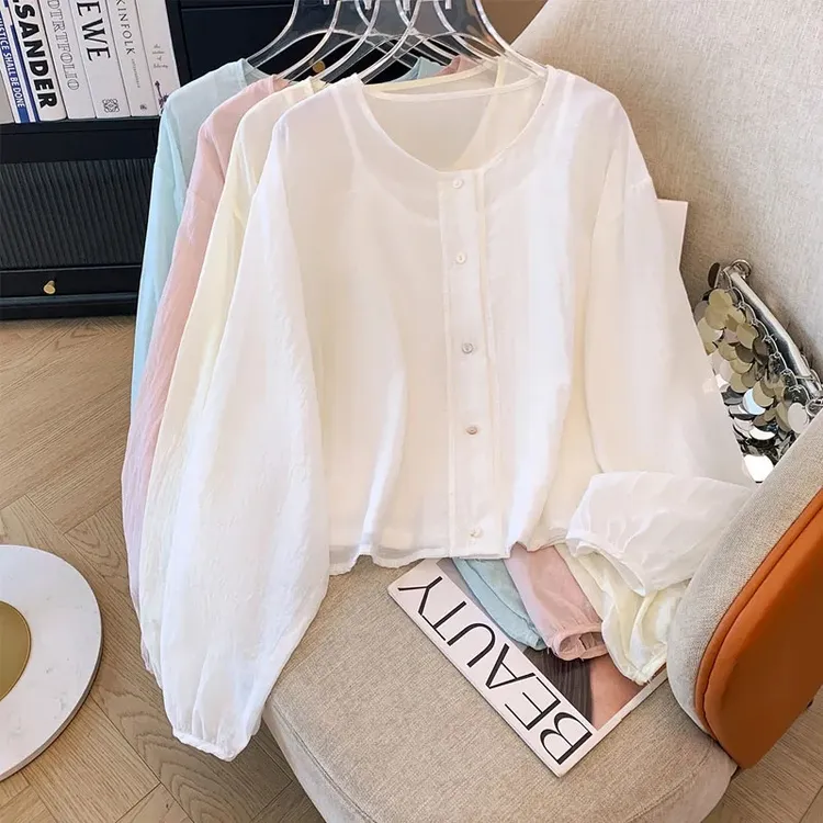 纯色甜美圆领长袖防晒衫宽松百搭设计感小众夏季新款单排扣上衣
