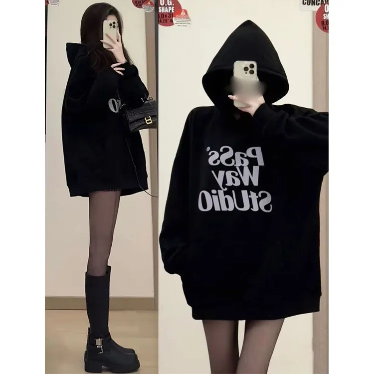 P字母重磅银狐连帽卫衣男女oversize韩版加绒加厚帽衫宽松情侣衣