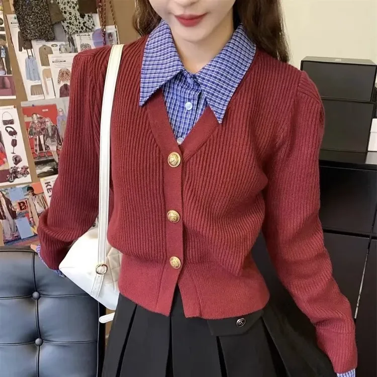 TOP韩系学院风拼接格纹毛衣女2024秋季时尚假两件衬衣领针织开衫