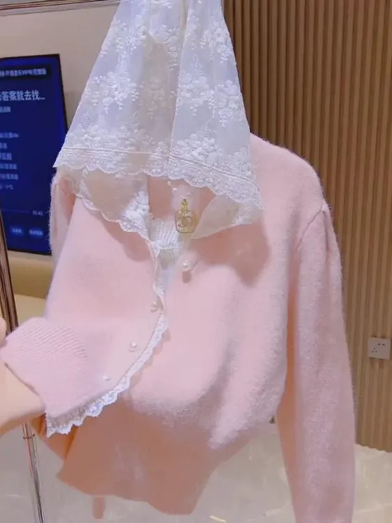 十三行粉色蕾丝花边针织开衫女秋冬韩版甜美温柔风气质毛衣外套女