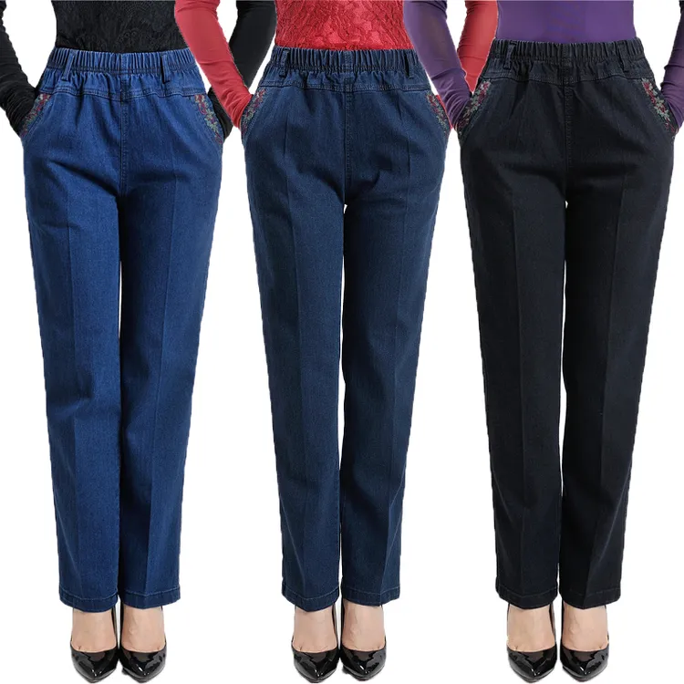 春夏冬薄厚中老年女士高腰弹力宽松妈妈装牛仔长裤子女松紧腰