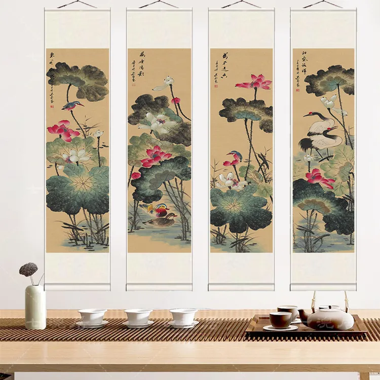 180*160荷花国四条屏国风客厅中堂四联茶室书房高档装裱卷轴挂画
