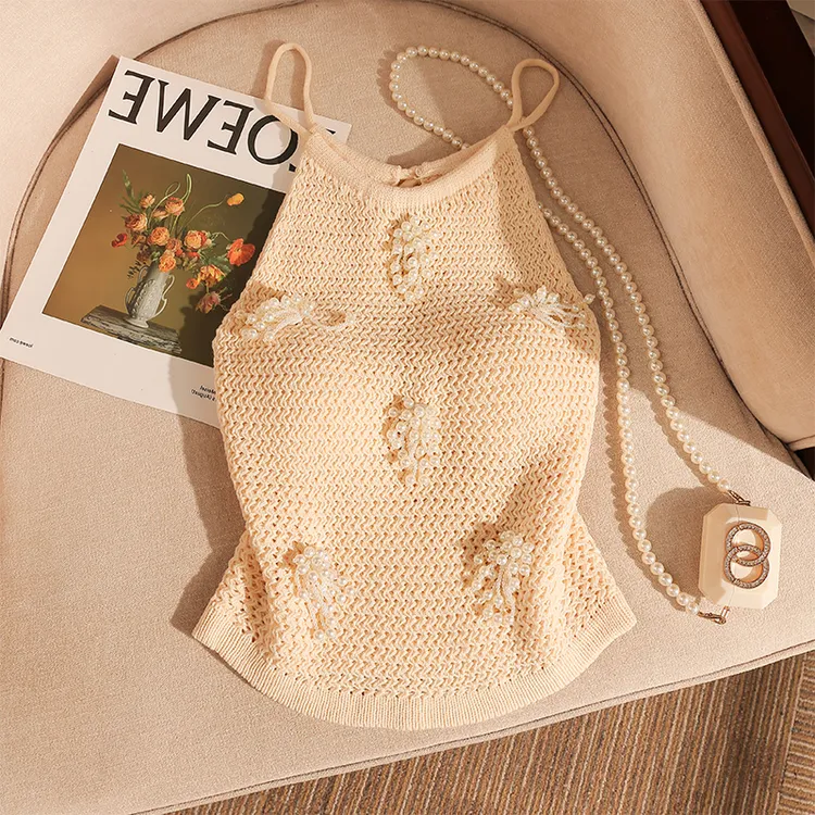 法式钉珠绝美针织挂脖吊带背心修身显瘦性感美背辣妹别致无袖上衣