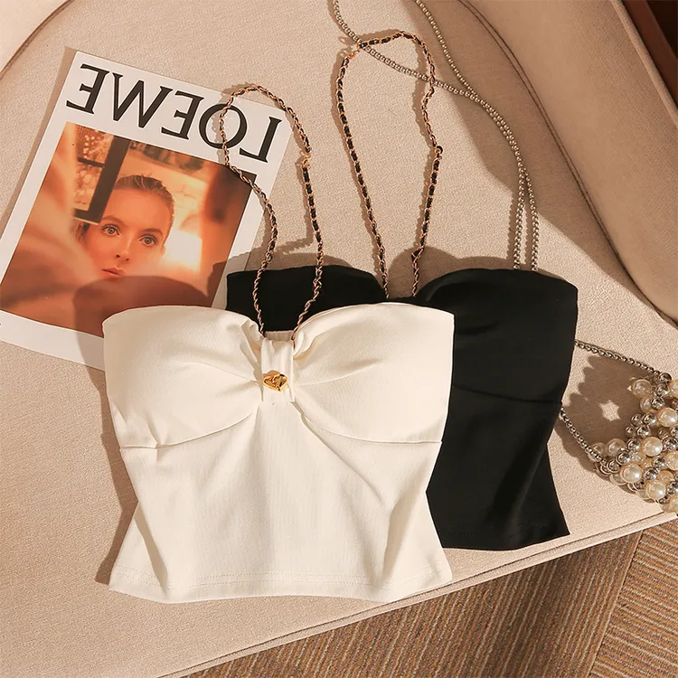 法式链条吊带背心女夏季性感修身美背内搭带胸垫打底短款抹胸上衣