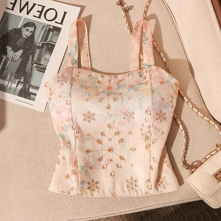 甜辣妹新中式刺绣吊带背心女夏季新款气质修身显瘦性感美背上衣