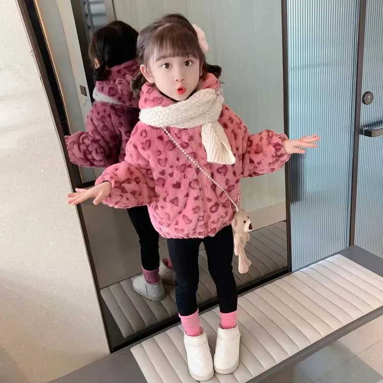 女童加绒加厚冬款棉服外套保暖豹纹女童外套冬款女童毛毛冬季外套