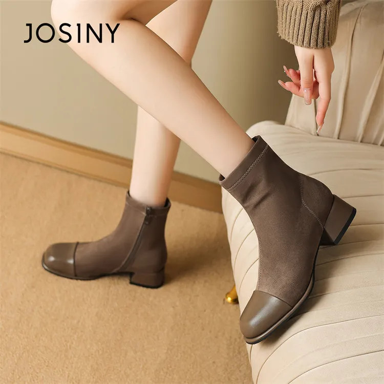 卓诗尼2025冬季新款小个子靴子女袜靴棕色复古高跟短靴增高瘦瘦靴