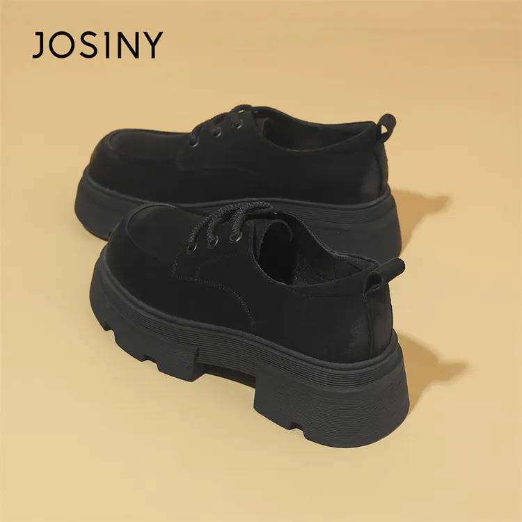 卓诗尼系带小皮鞋女2025夏季新款厚底英伦风黑色通勤百搭深口单鞋