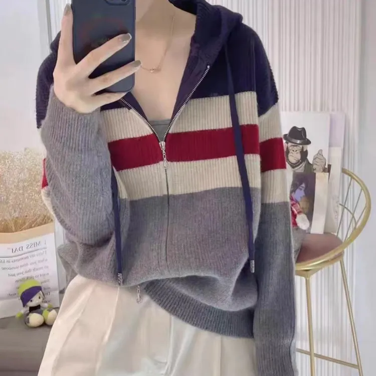 秋季2023新款女装拉链连帽毛衣外套女开衫春秋高级感外搭针织上衣