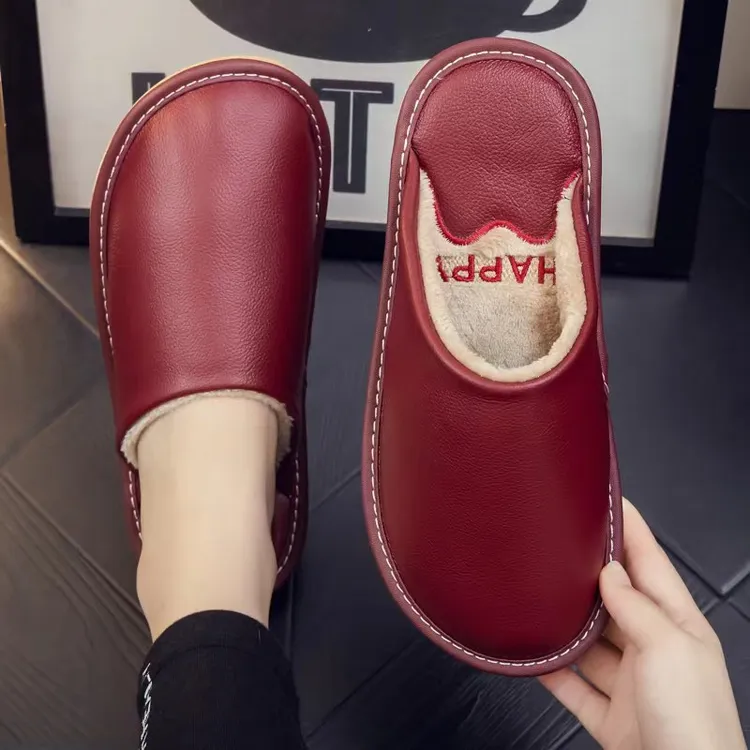 【头层牛皮】开心冬Y海宁拖鞋居家秋冬防滑男女棉拖鞋光面保暖真皮