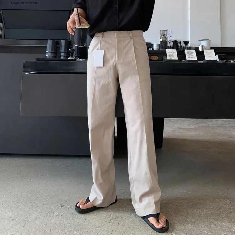 纯色亚麻直筒西裤男士韩系新款高级垂坠感设计感简约休闲西装裤子