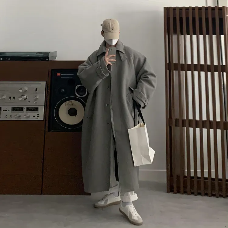 韩版翻领中长款毛呢大衣男冬款氛围感穿搭单排扣过膝宽松呢子外套