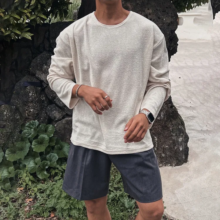 圆领纯色薄款透气长袖t恤男士夏季日系休闲简约慵懒风针织体恤衫