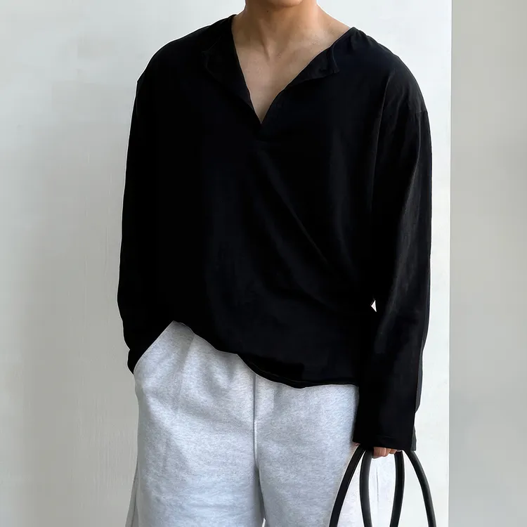 纯色亨利领长袖t恤男士夏季薄款韩版高级感百搭宽松防晒体恤上衣