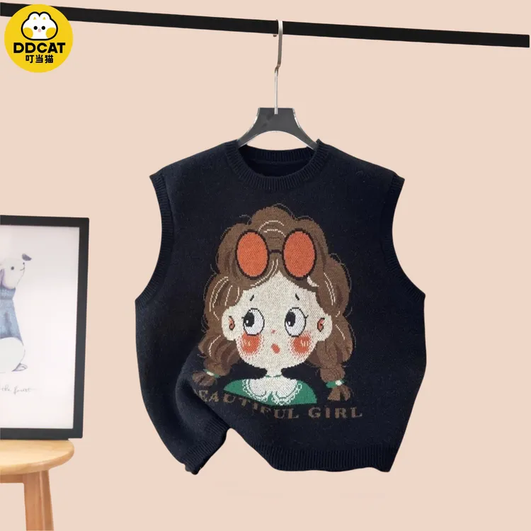 叮当猫女童针织背心秋冬新款大中童毛衣马甲儿童卡通宽松马夹百搭