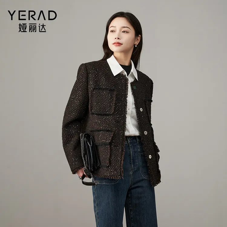 娅丽达老钱风廓形小香风外套女2025春新款流苏毛边粗花呢上衣