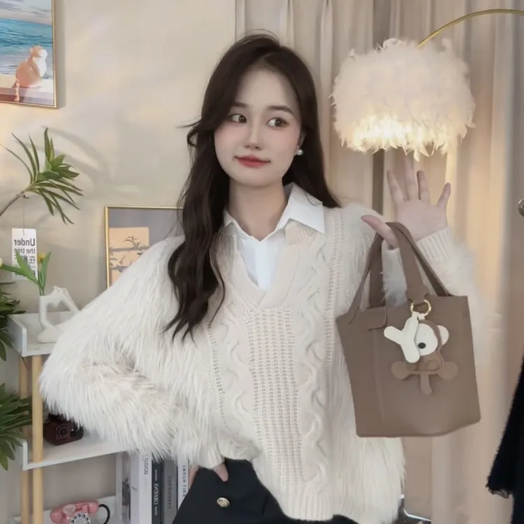 <782>短款温柔风条纹毛衣开衫女春秋季毛软糯宽松V领针织外套ins