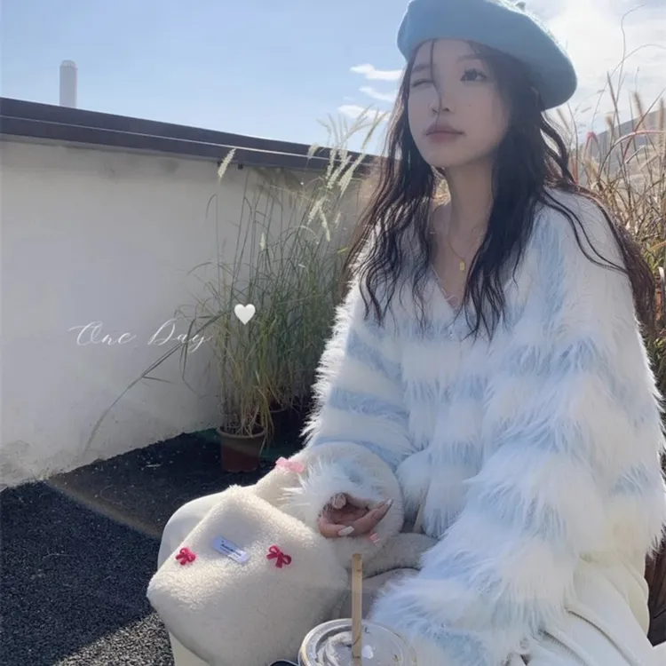 <674>短款温柔风条纹毛衣开衫女春秋季毛软糯宽松V领针织外套ins