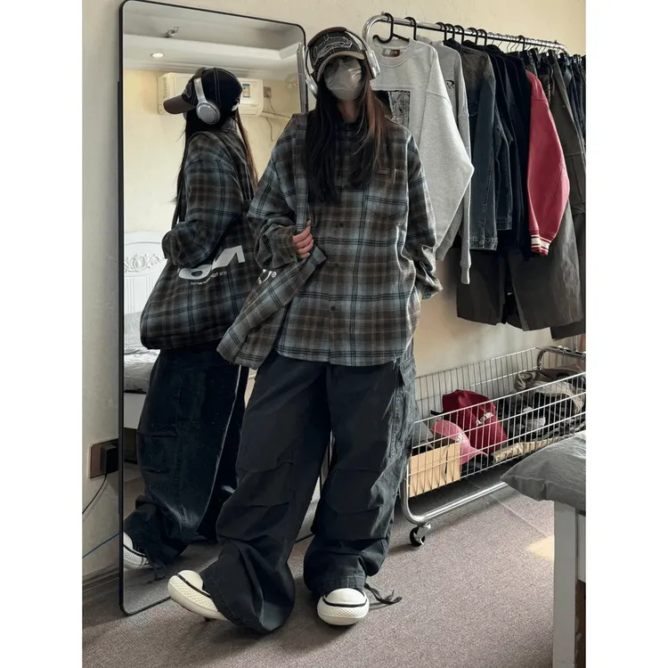 美式复古磨毛格子衬衫男女夏季长袖复古慵懒街头衬衣情侣薄外套潮