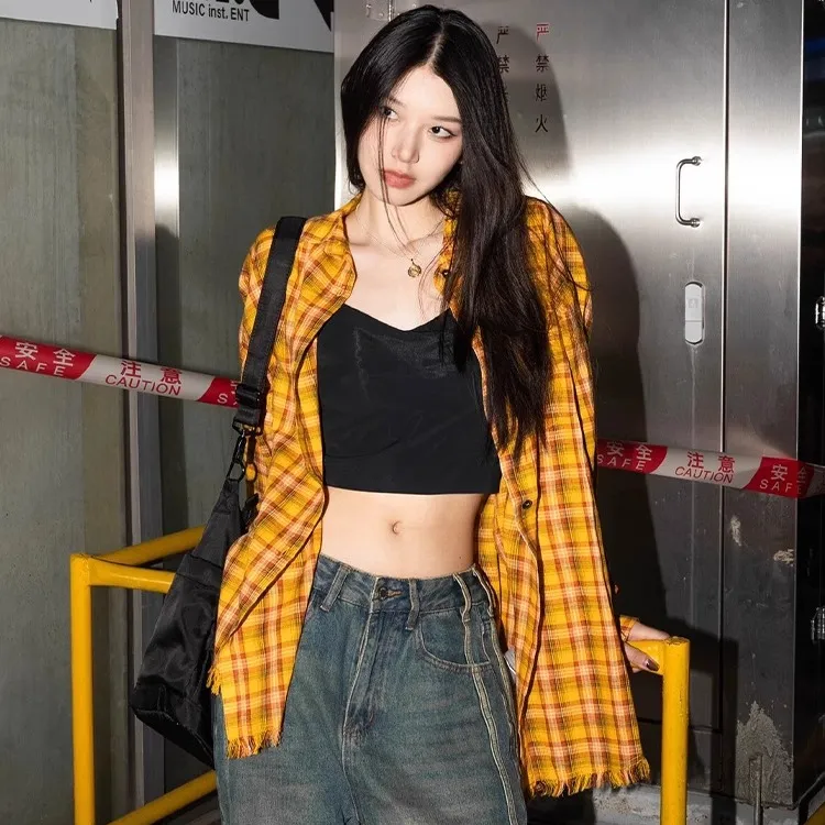 美式刺绣黄色格子衬衫男女春季新款多巴胺衬衫外套宽松休闲衬衣