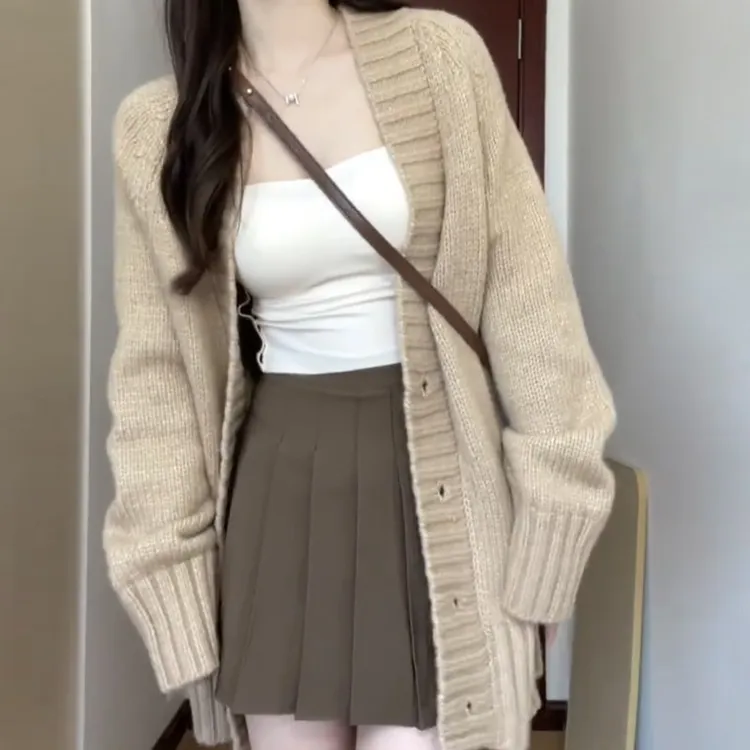 针织开衫女士秋冬季中长款慵懒风小个子宽松外穿加厚百搭毛衣外套