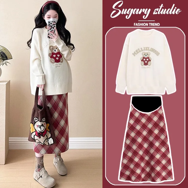 孕妇装秋冬针织卡通宽松毛衣格子半身裙两件套2024新款慵懒风潮妈