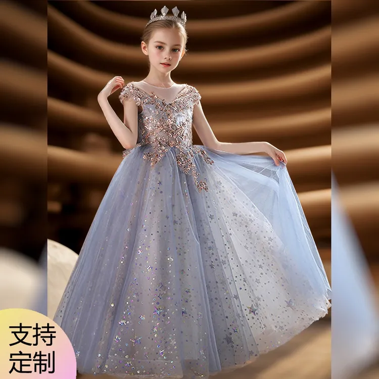 女童生日party礼服裙平时可穿公主裙比赛演出主持人蓝色轻奢裙子