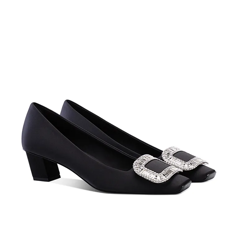 外贸女鞋2025年新款百搭粗跟方头水钻单鞋 2.5/4.5cm