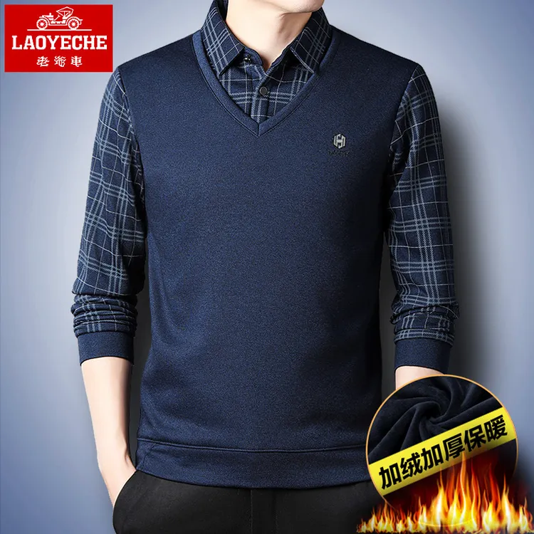 加绒加厚 保暖翻领T恤男士秋冬季长袖中年假两件衬衫领爸爸休闲男