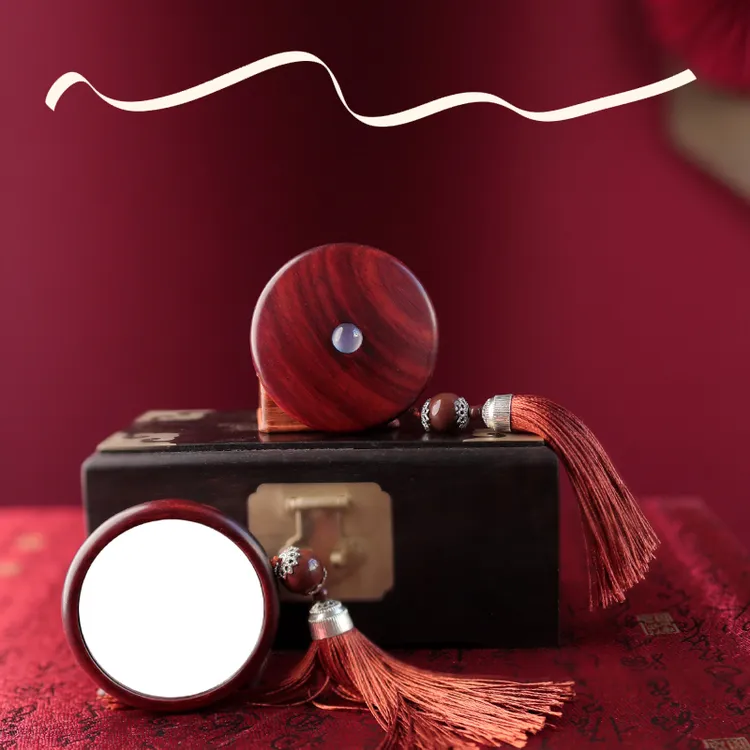 紫檀小圆镜子红色木质随身迷你镜子喜事用品婚礼物便捷随身送闺蜜