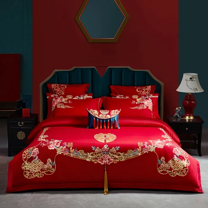 【醉兰陵】新款全棉长绒棉160支婚庆刺绣中式风床上用品四件套