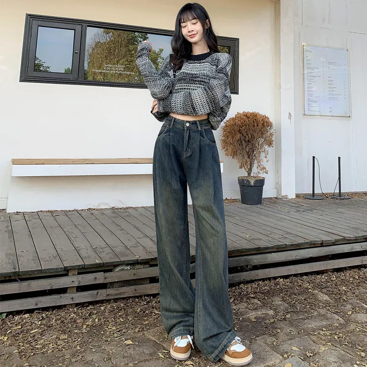 YP水泥灰牛仔阔腿裤女高腰宽松显瘦褶皱设计感直筒拖地裤长裤加长
