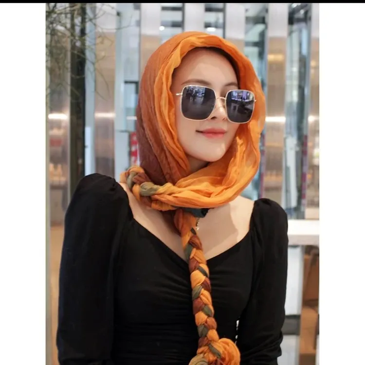 新款丝巾百搭帽子围巾两用辫子帽手工编织多用包头巾帽防晒旅游