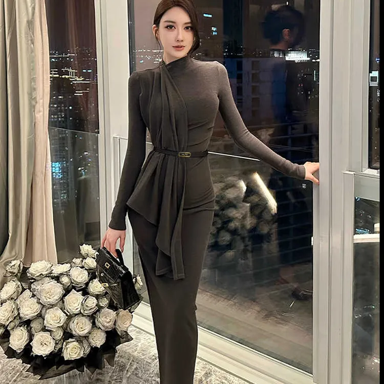 （送腰带）连衣裙女法式气质性感辣妹修身显瘦收腰长袖开叉包臀长裙
