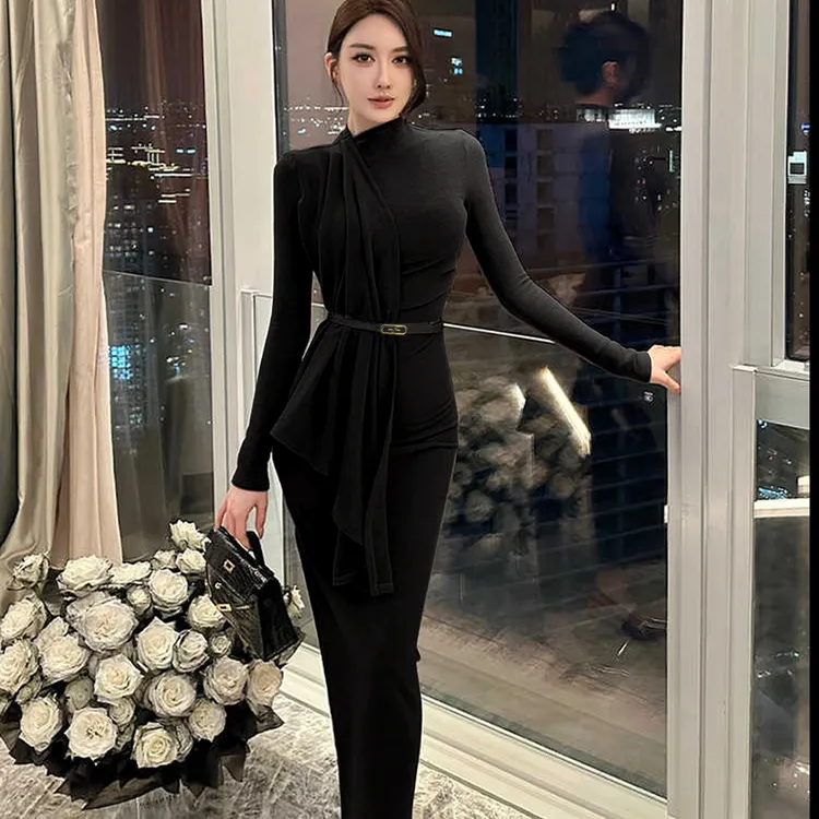 （送腰带）连衣裙女法式气质性感辣妹修身显瘦收腰长袖开叉包臀长裙