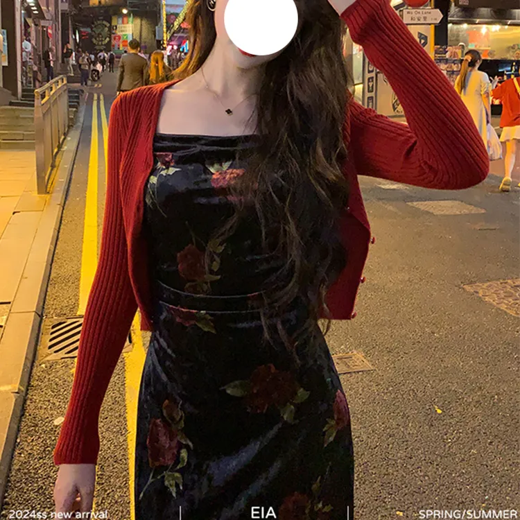 两件套新中式国风【浪漫黑巴克】港风复古丝绒连衣裙女显瘦长裙春季
