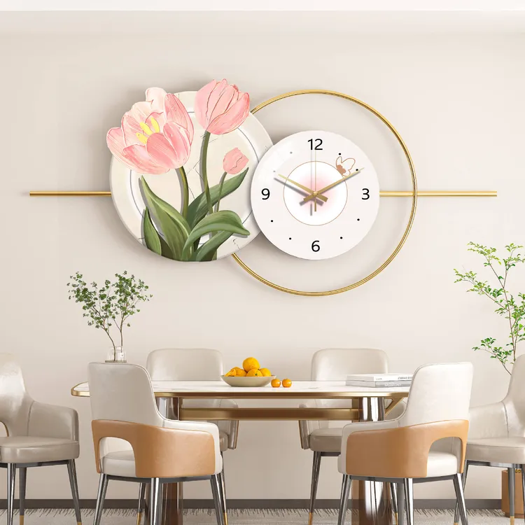 北欧奶油风餐厅装饰画时钟表现代简约挂画奶油风饭厅五斗橱装饰画